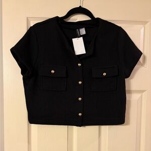Women’s Black Crochet Cropped Blouse with Gold Buttons